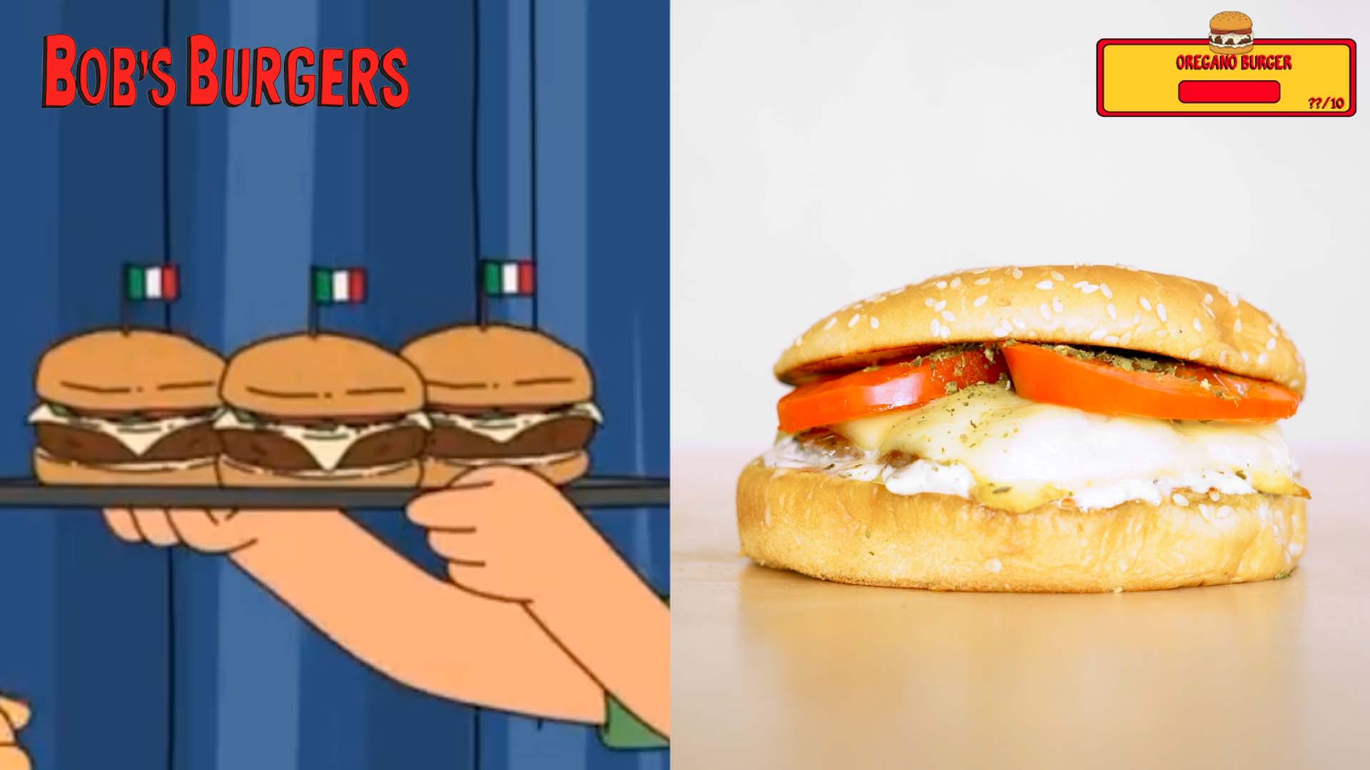 Slider with melted cheese and oregano-dusted tomato beside the animated tray from the episode