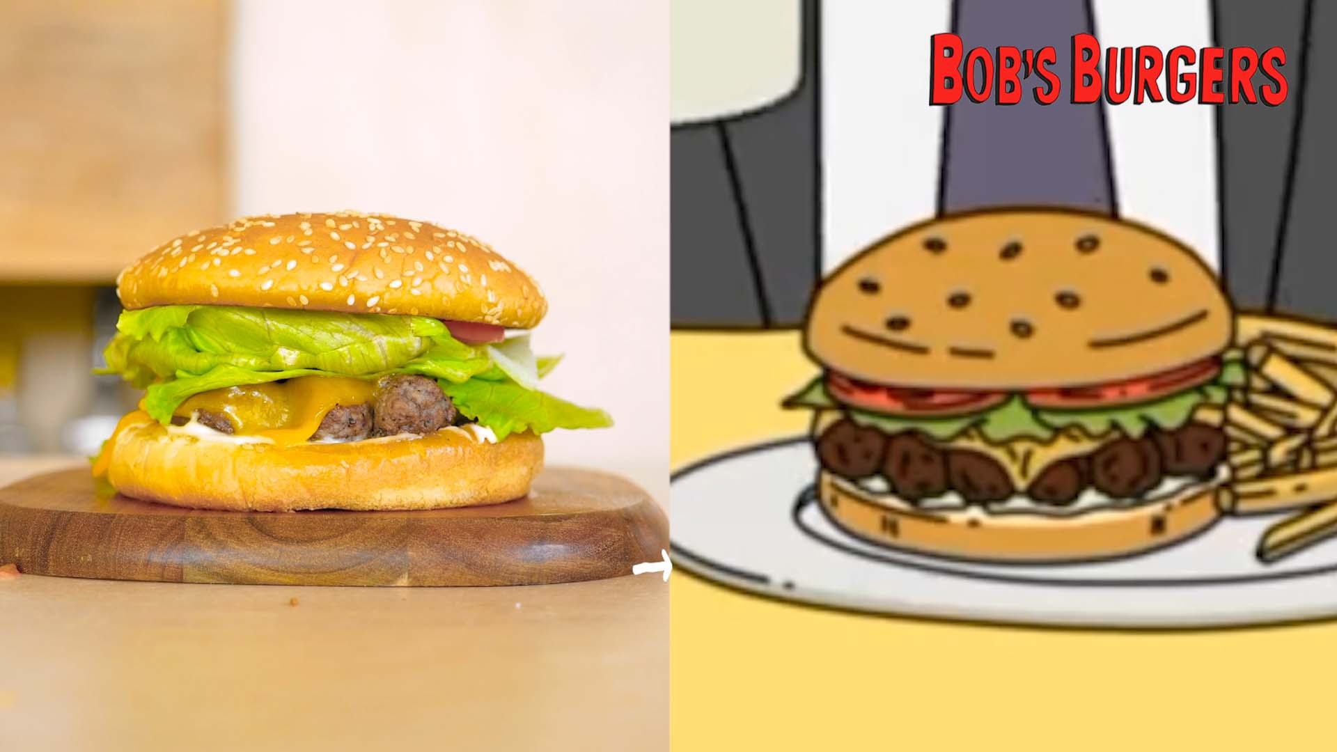 Meatball burger with cheddar and lettuce beside the same burger drawn in the episode