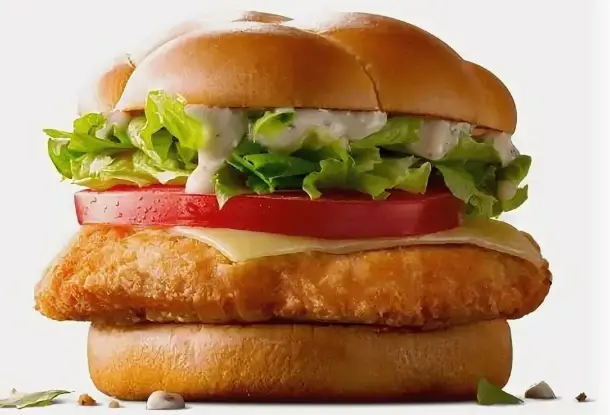 Close-up of a breaded chicken fillet with pickles, tomato slices and shredded lettuce served open