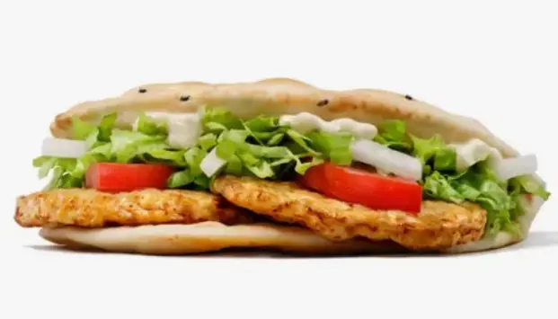 Close-up of a chicken patty with diced onion, shredded lettuce and tomato slices in flatbread