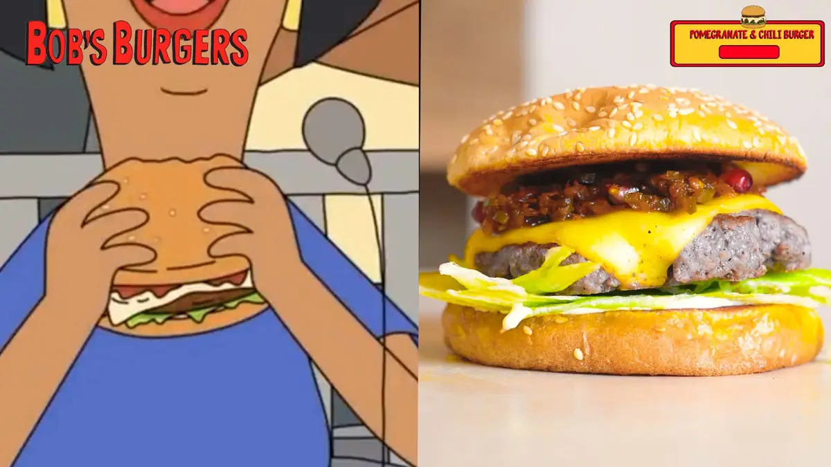 Chutney over melted cheese and shredded lettuce, beside the scene from the episode