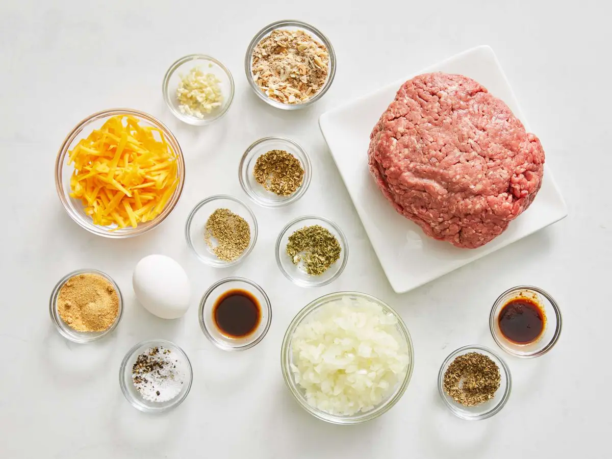 Step 1: Set out the beef, onion, cheese, egg, seasonings