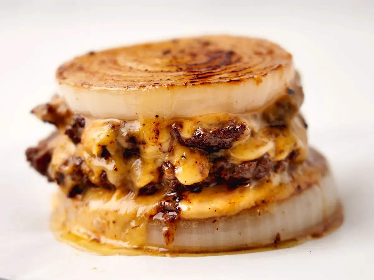Close-up of a beef patty with melted American cheese and diced onion served open