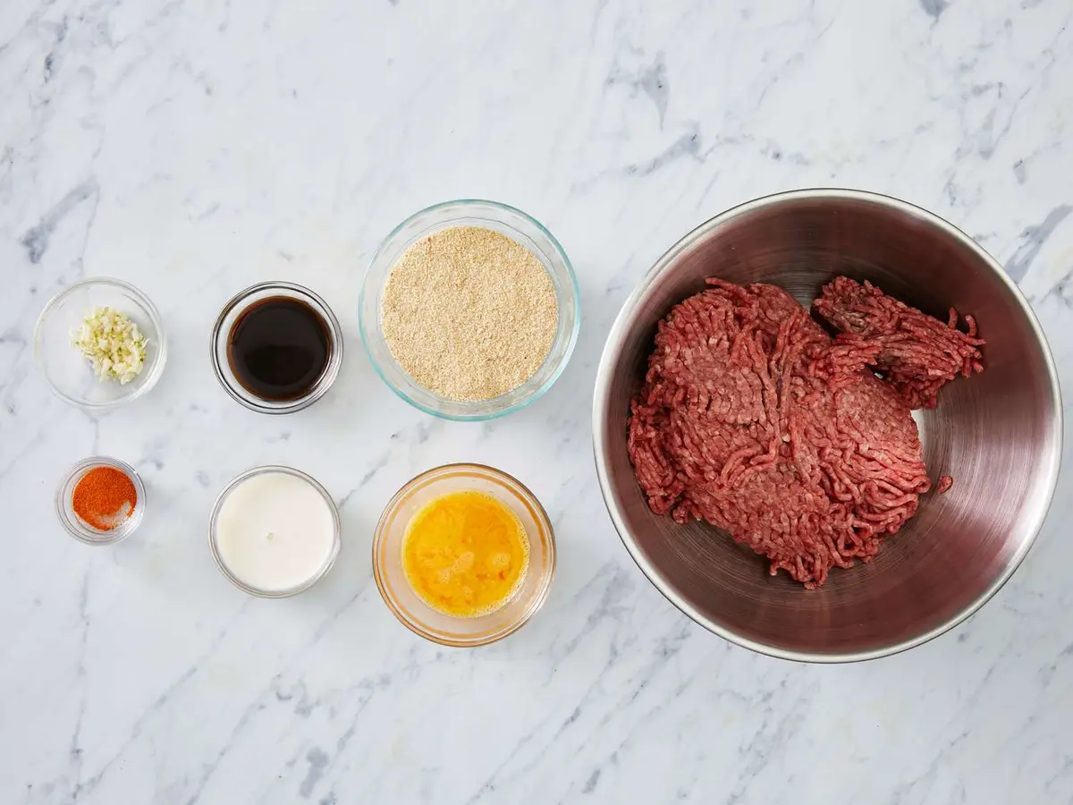 Step 1: Set out the beef, egg, bread crumbs, evaporated