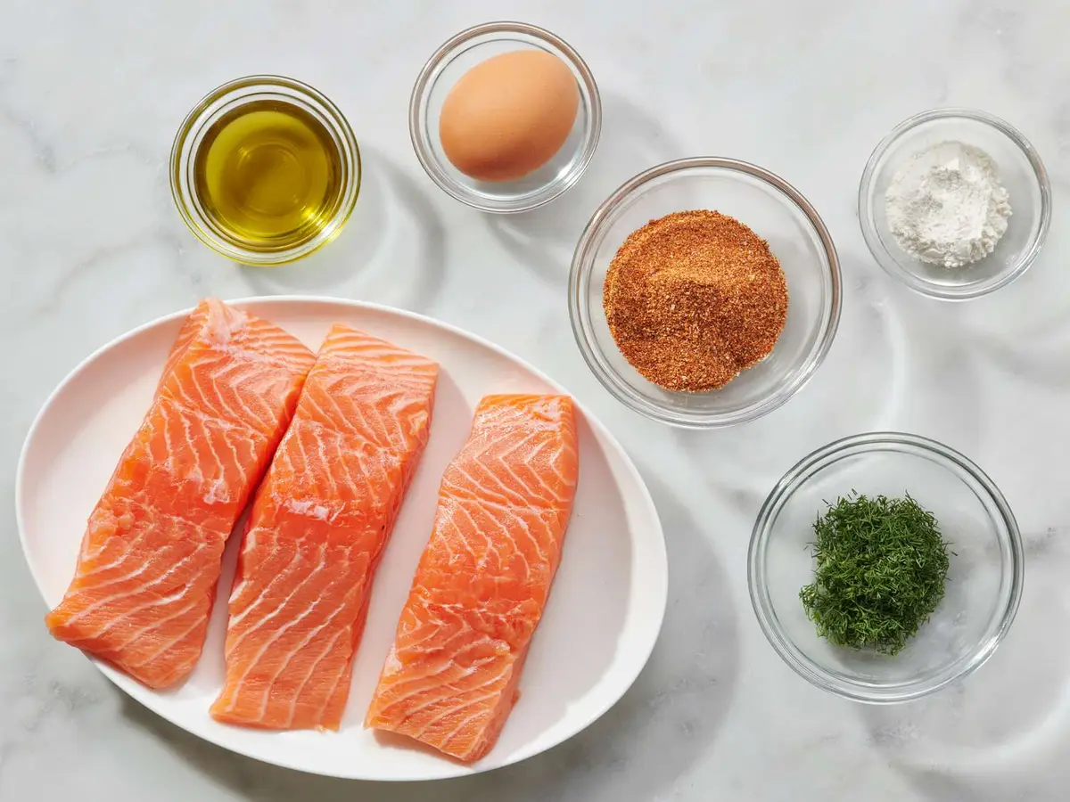 Step 1: Set out the salmon, egg, flour, dill, burger
