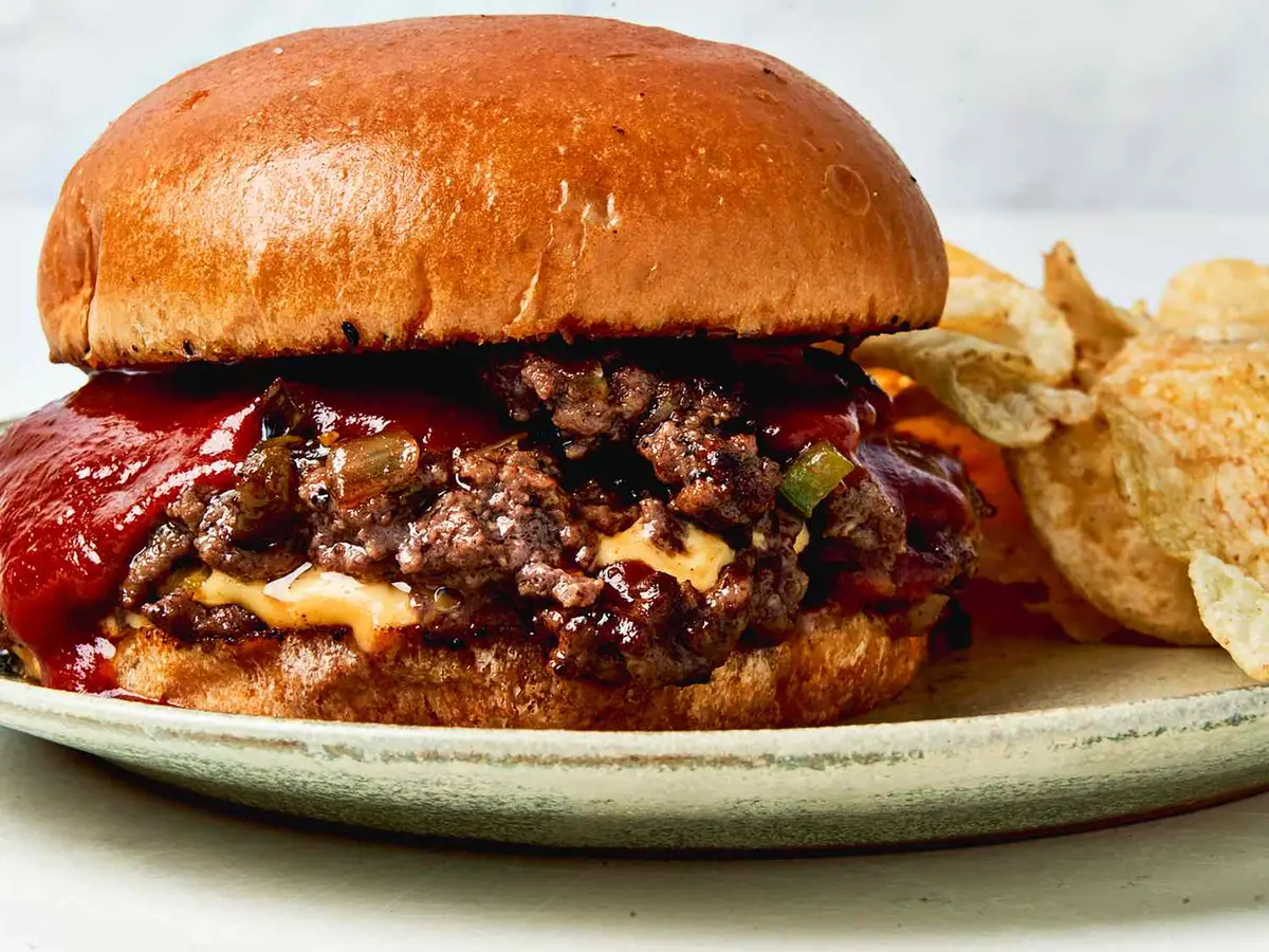 Close-up of a beef patty with melted American cheese in a soft burger bun